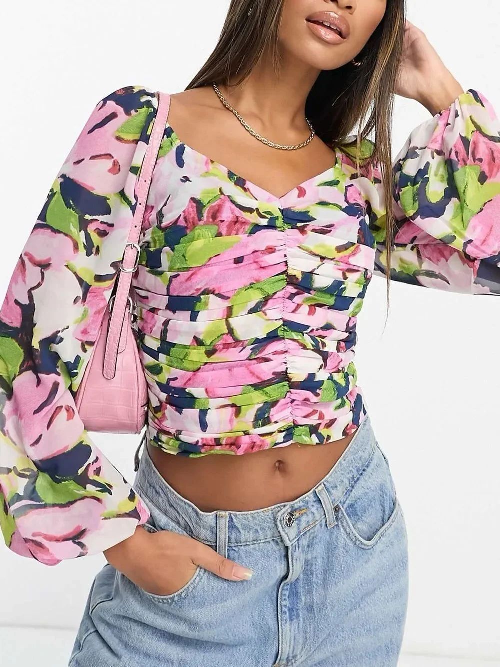 Abercrombie & Fitch Pink Green Floral Top Size Médium